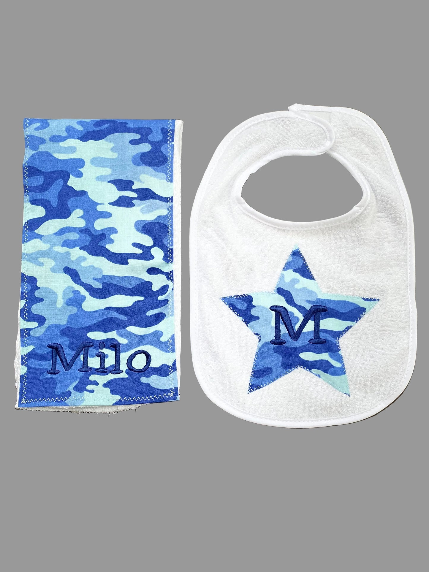 Bib & Burp Cloth Set: Blue Camo (Boy)