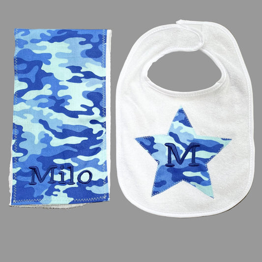 Bib & Burp Cloth Set: Blue Camo (Boy)