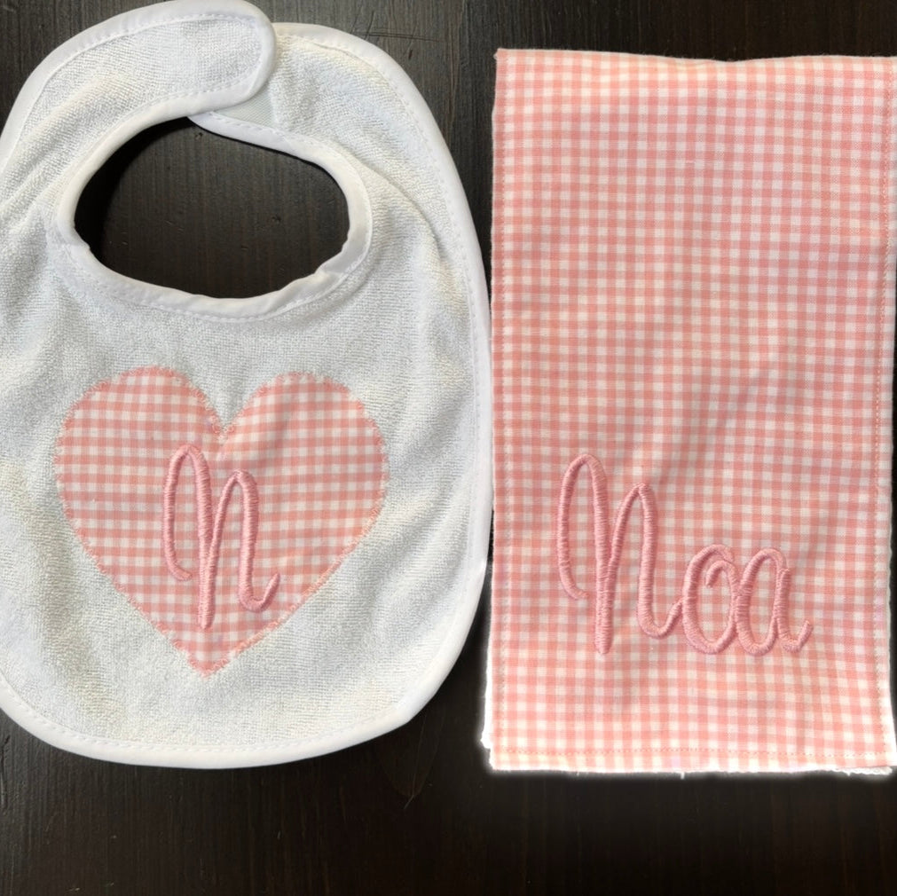 Bib & Burp Cloth Set: Pink Gingham (Girl)