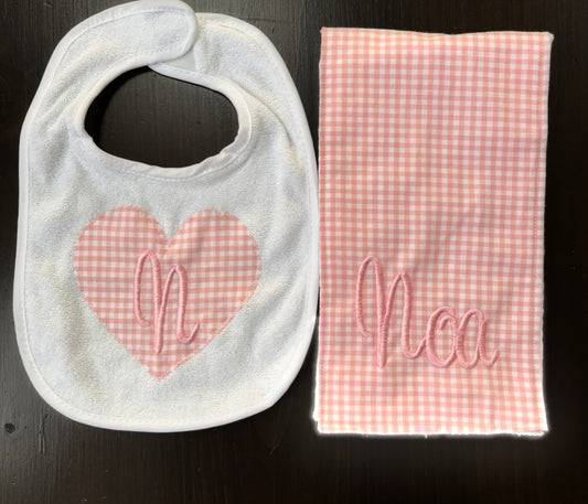 Bib & Burp Cloth Set: Pink Gingham (Girl)