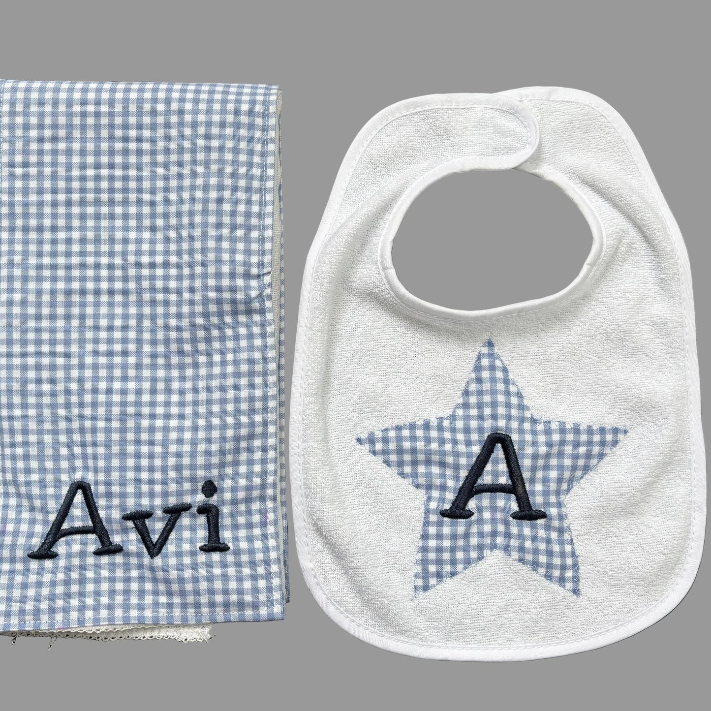 Bib & Burp Cloth Set: Light Blue Gingham