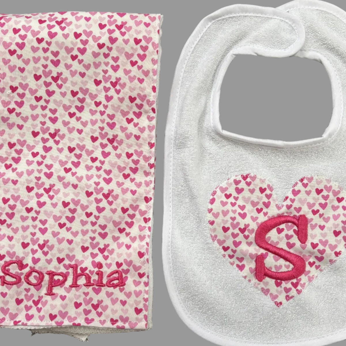 Bib & Burp Cloth Set: Pink Hearts (Girl)