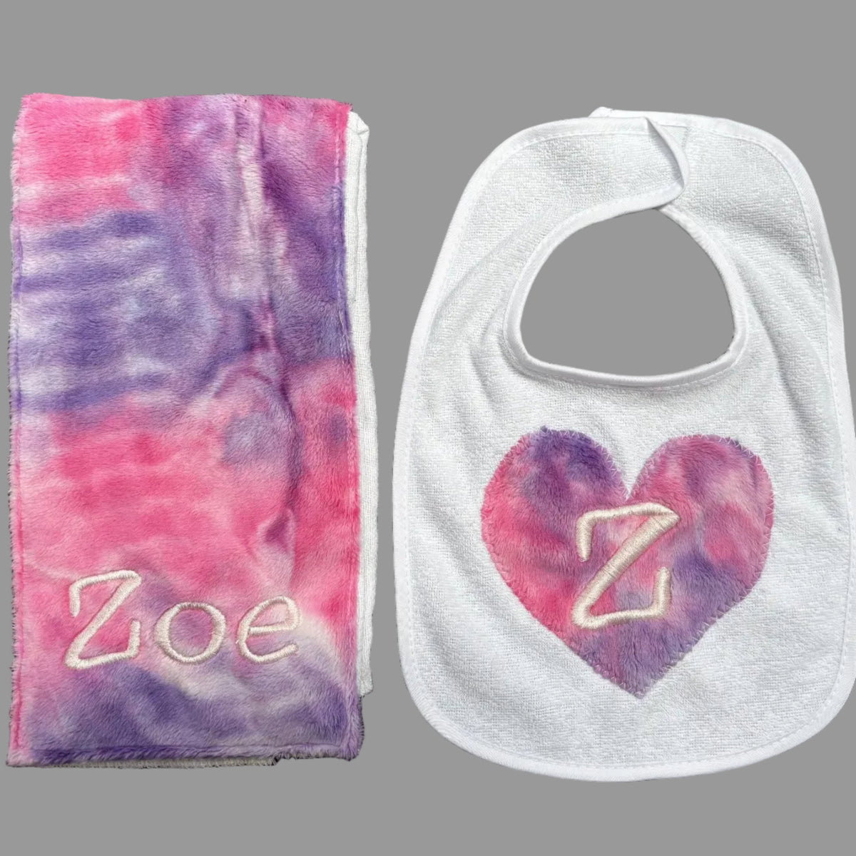 Bib & Burp Cloth Set: Purple Pink Tie Dye Minky (Girl)