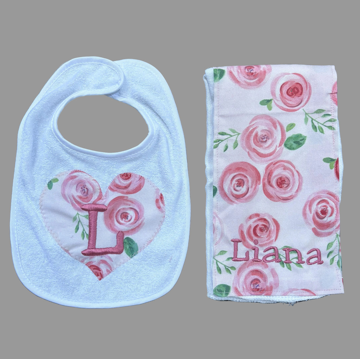 Bib & Burp Cloth Set: Watercolor Roses (Girl)